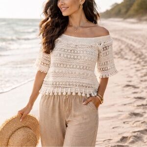 Philosophy Ivory Crochet Lace Boho Blouse Top XS NWT Tassel Fringe Festival